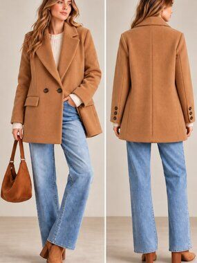 Free People Camel Tan Double Breasted Notch Lapel Coat Jacket XS